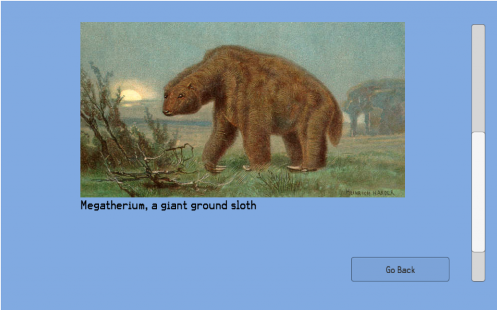 Screen capture from the Fossil Finder game showing an illustration with the text "Megatherium, a giant ground sloth"